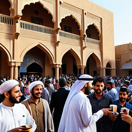 Home 15 **Prompt:** A vibrant documentary film festival scene in a bustling Middle Eastern city. Capture the energy of international attendees mingling with locals, film screenings projected onto modern buildings blending with traditional architecture, and street vendors offering Arabic coffee and sweets. Emphasize the cultural exchange and excitement of the event.