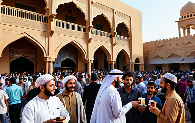**Prompt:** A vibrant documentary film festival scene in a bustling Middle Eastern city. Capture the energy of international attendees mingling with locals, film screenings projected onto modern buildings blending with traditional architecture, and street vendors offering Arabic coffee and sweets. Emphasize the cultural exchange and excitement of the event.