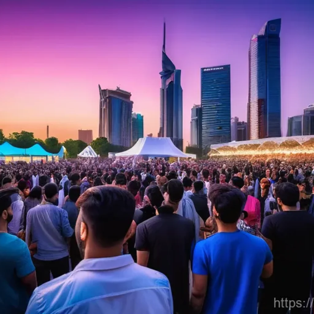 레크리에이션 활동 참가자 만족도 조사 - **Prompt:** A bustling, vibrant music festival taking place at dusk in a modern Arab city. The scene...