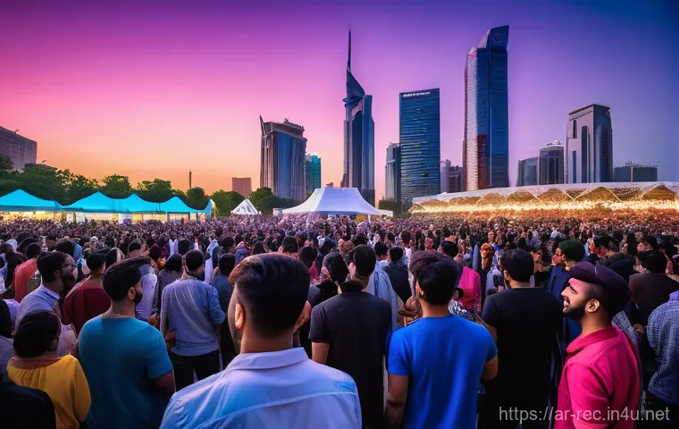 레크리에이션 활동 참가자 만족도 조사 - **Prompt:** A bustling, vibrant music festival taking place at dusk in a modern Arab city. The scene...