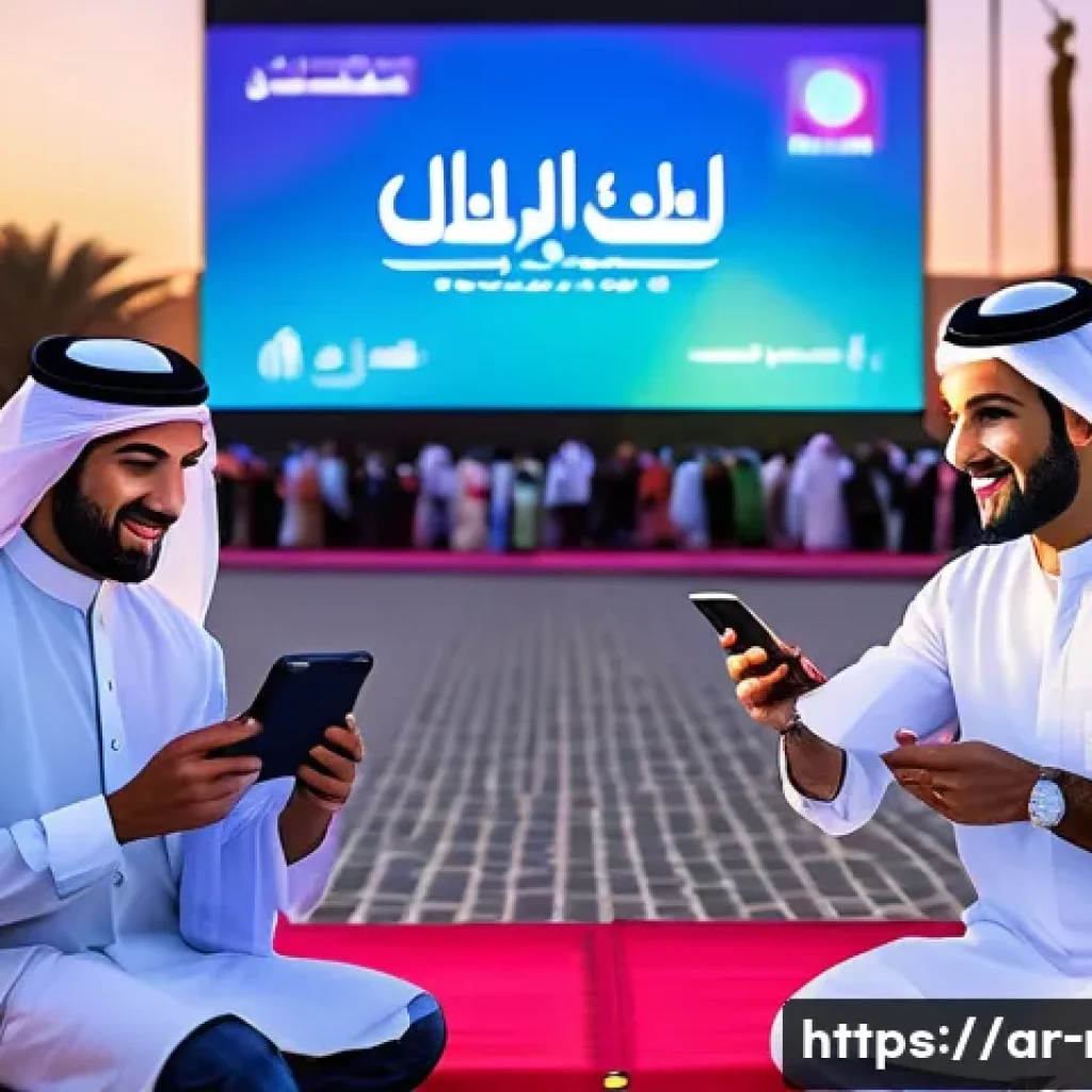 레크리에이션 지도자와 디지털 도구 활용 - A vibrant scene of a modern entertainment event in an Arabic cultural setting, showing diverse adult...