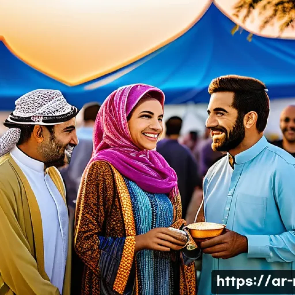 레크리에이션 활동의 사회적 가치 - A diverse group of Arabic-speaking adults engaged in a vibrant outdoor community festival at sunset,...