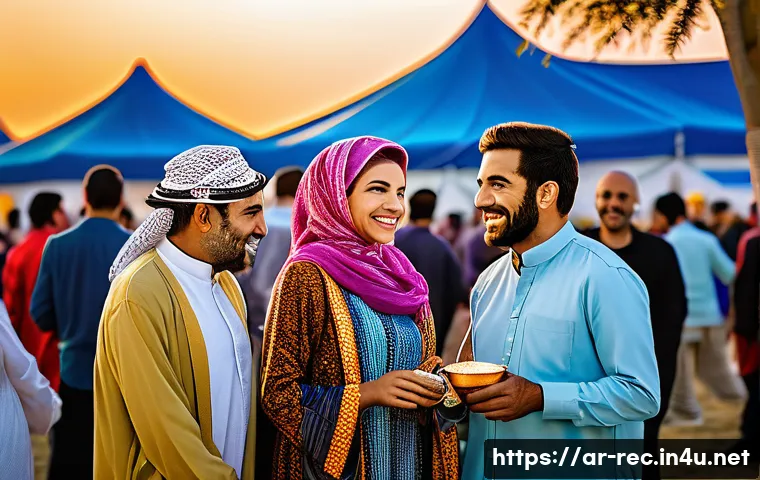 레크리에이션 활동의 사회적 가치 - A diverse group of Arabic-speaking adults engaged in a vibrant outdoor community festival at sunset,...