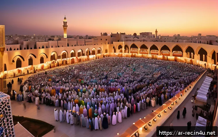 레크리에이션 지도자와 문화 차이 극복 - A vibrant multicultural entertainment festival scene set in a Middle Eastern city at sunset, featuri...