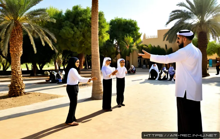 레크리에이션 지도자 직무 설명서 - Photorealistic recreation leader guiding a diverse group of Arab adults and children through a frien...