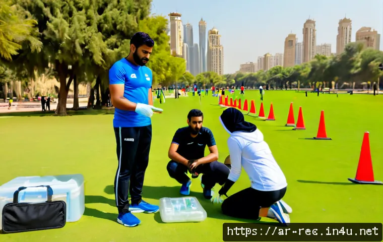 레크리에이션 지도자와 법적 책임 - Photorealistic community recreation leader in modest athletic clothing supervising a mixed-age Arab ...